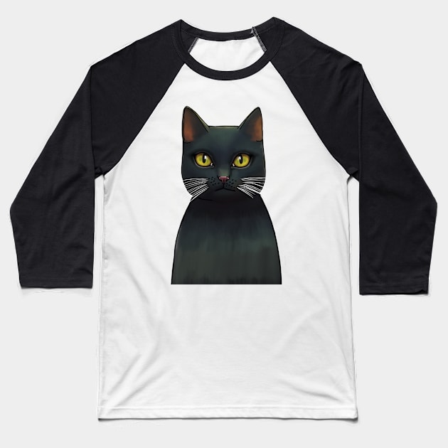 Black cat with yellow green eyes Baseball T-Shirt by Art by Ergate